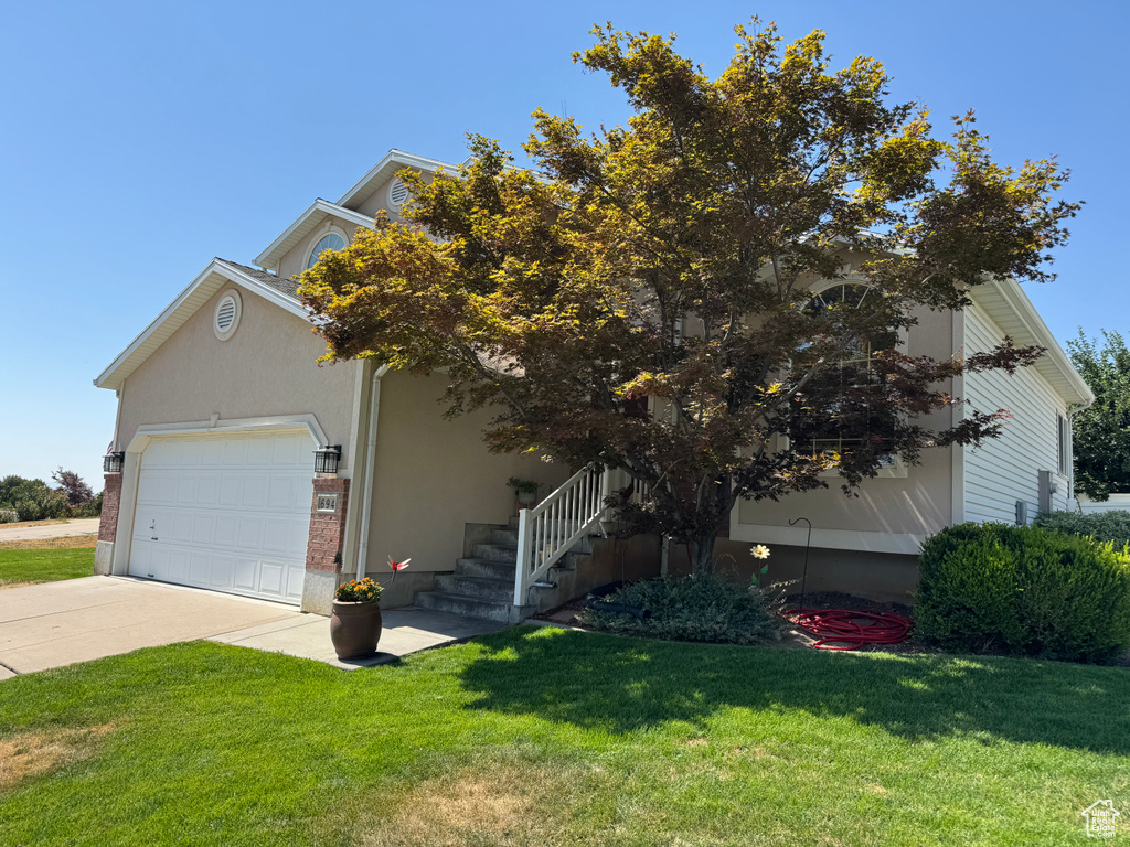 View of property hidden behind natural elements with driveway, a front lawn, a garage, and stucco siding