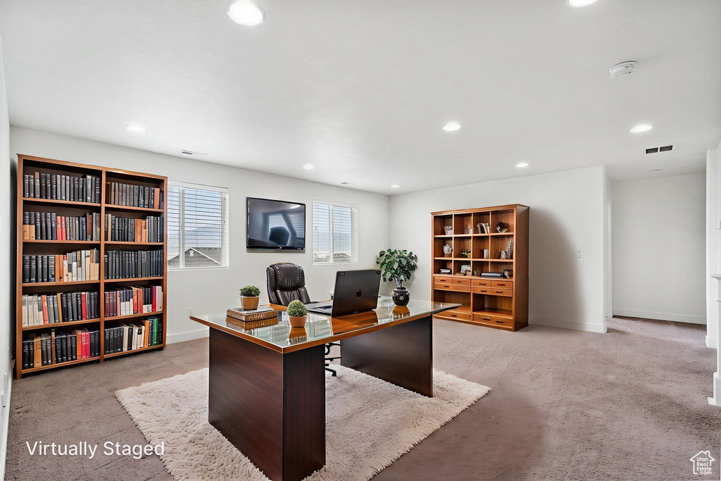 Office area featuring carpet and recessed lighting