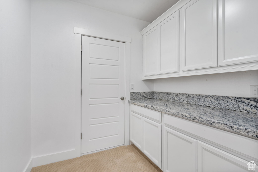 Laundry room with light carpet