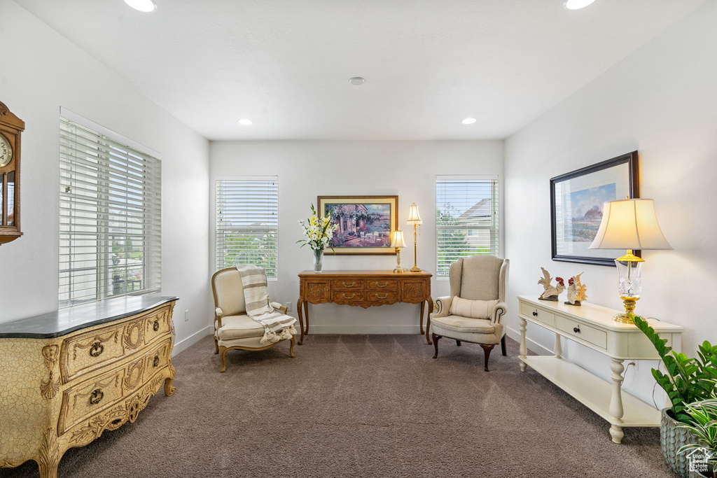 Living area featuring carpet floors, healthy amount of natural light, and recessed lighting