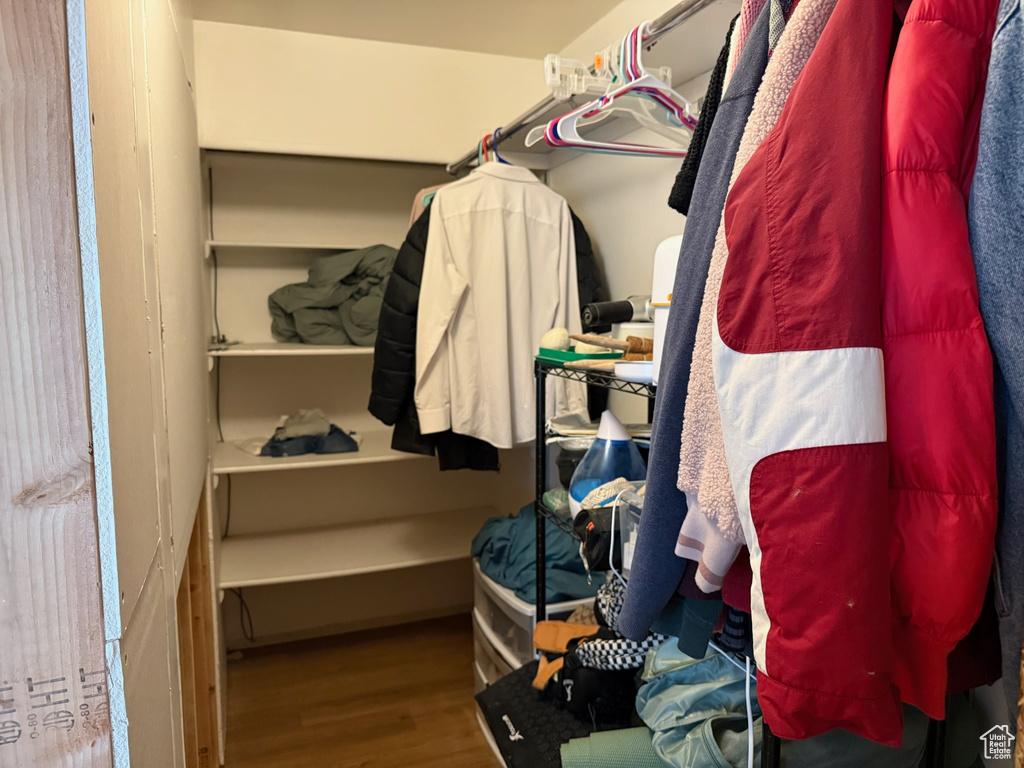 Walk in closet with wood finished floors