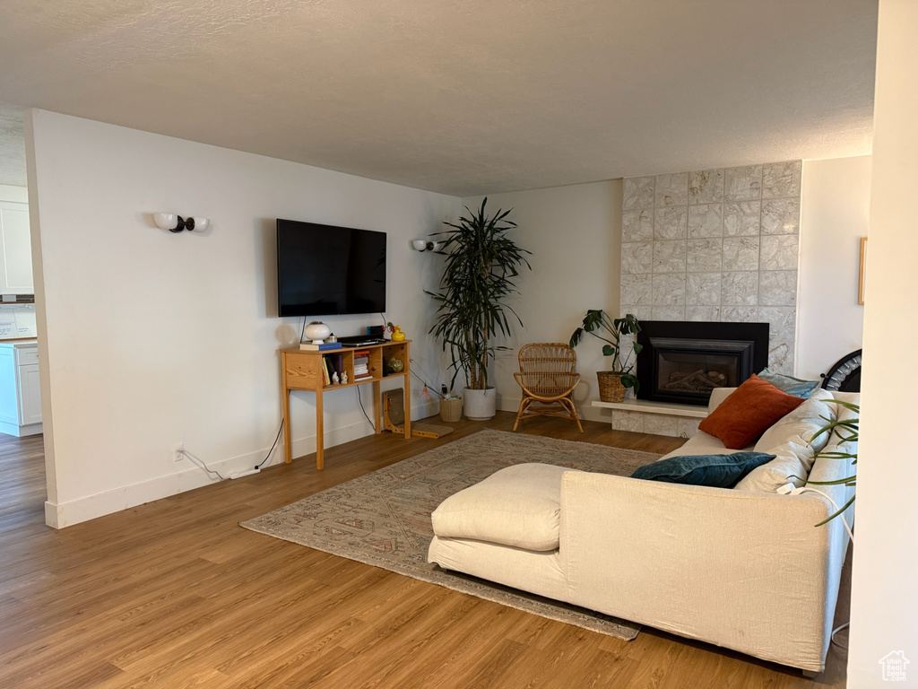 Living area featuring a fireplace and wood finished floors