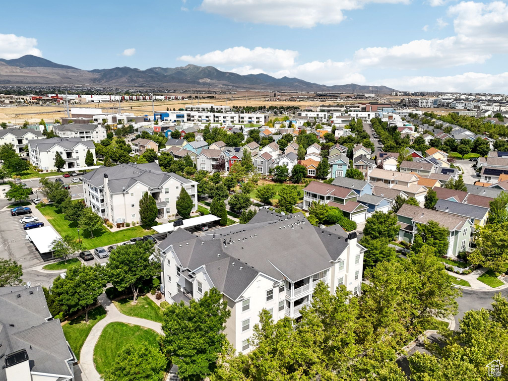 Aerial view of residential area with mountains