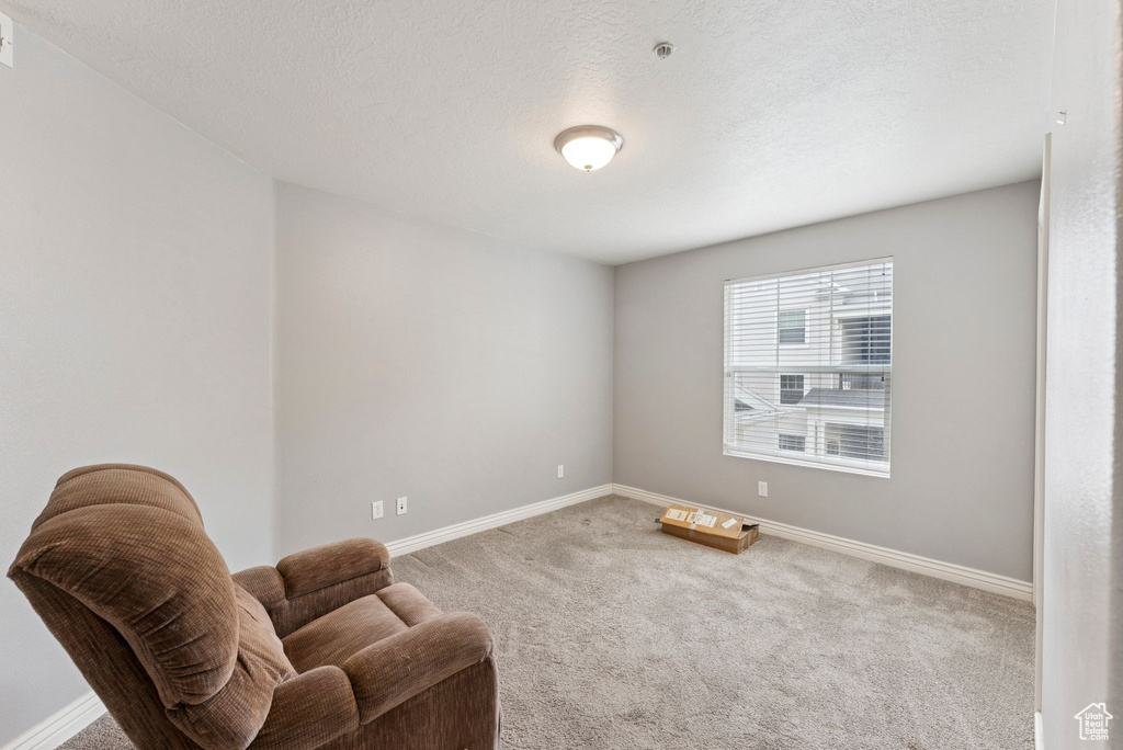 Sitting room with carpet floors and baseboards