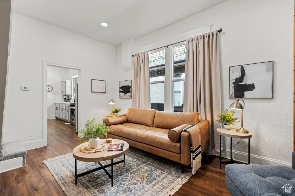Living room featuring dark wood-style flooring