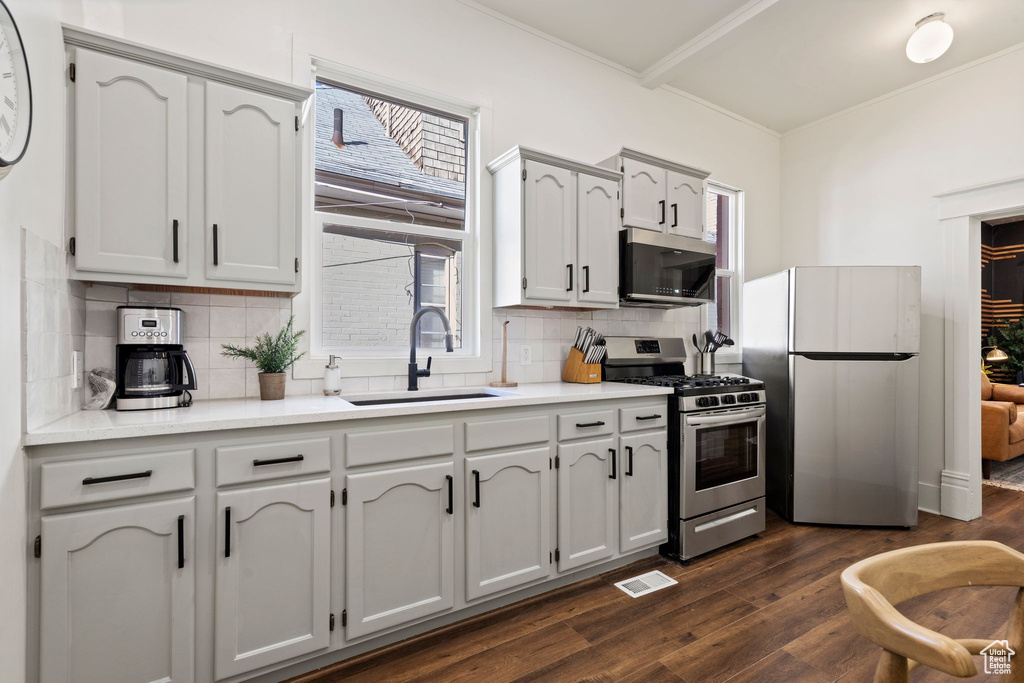 Kitchen featuring stainless steel appliances, plenty of natural light, dark wood-style flooring, crown molding, and decorative backsplash