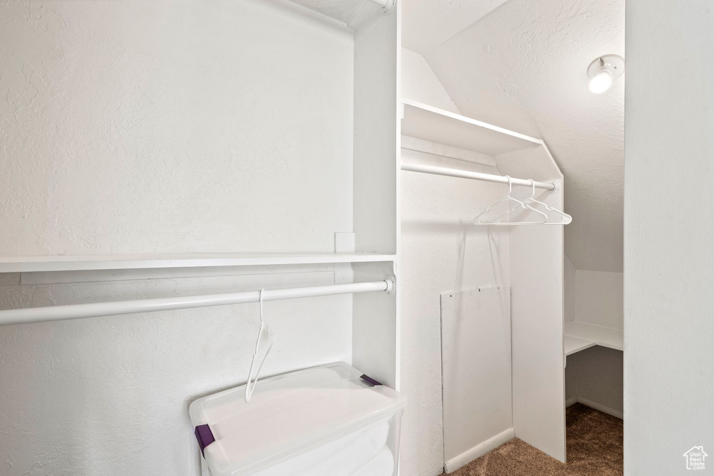 Walk in closet with lofted ceiling and carpet floors