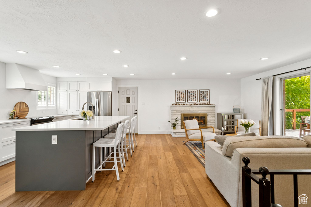 Living area with light wood-style floors, a glass covered fireplace, plenty of natural light, and recessed lighting