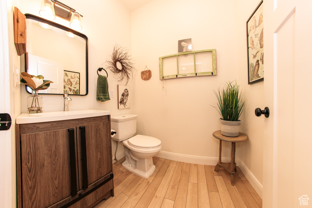 Bathroom with wood finished floors and vanity