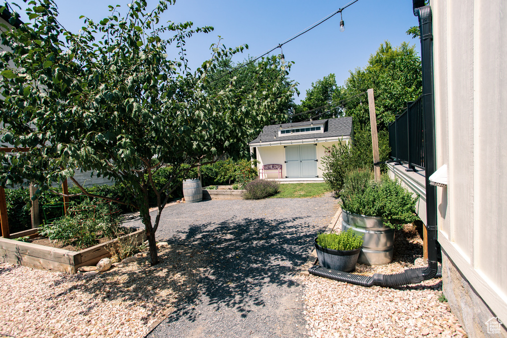 View of yard with a garden and an outdoor structure