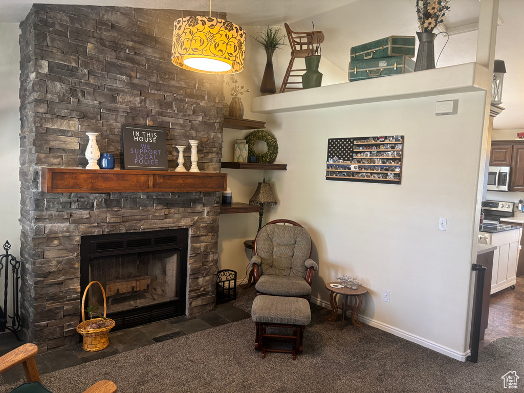 Living area featuring carpet flooring and a stone fireplace