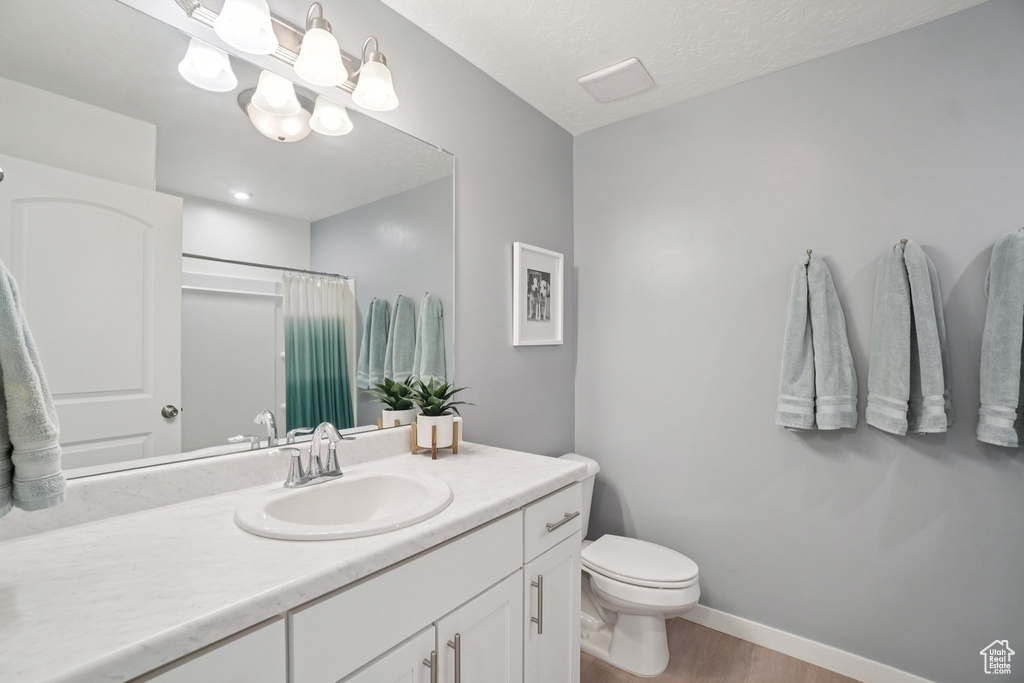 Full bath with vanity, wood finished floors, and curtained shower