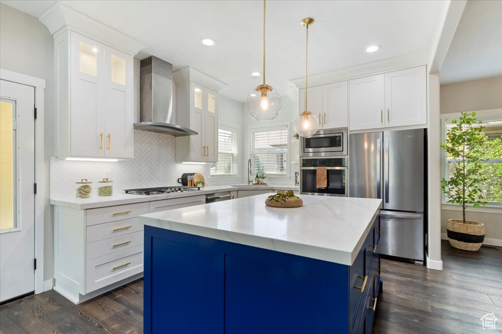 Kitchen with stainless steel appliances, dark wood-style floors, white cabinetry, tasteful backsplash, and healthy amount of natural light