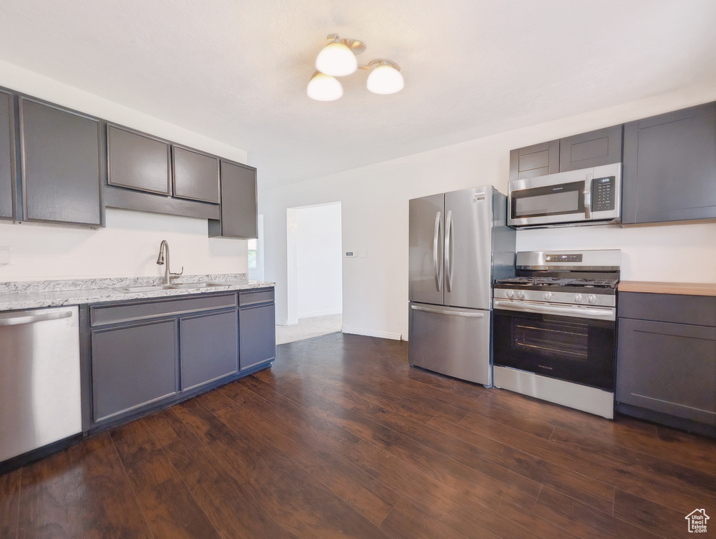 Kitchen with appliances with stainless steel finishes, dark wood-type flooring, light stone counters, and gray cabinets