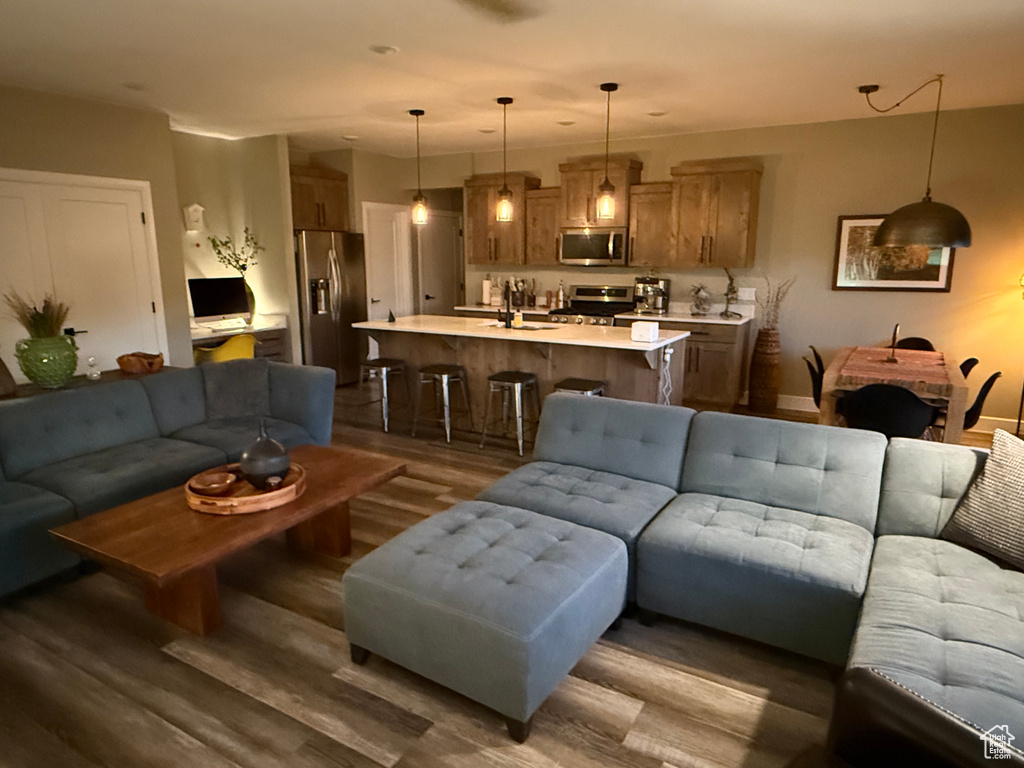 Living room featuring dark wood finished floors