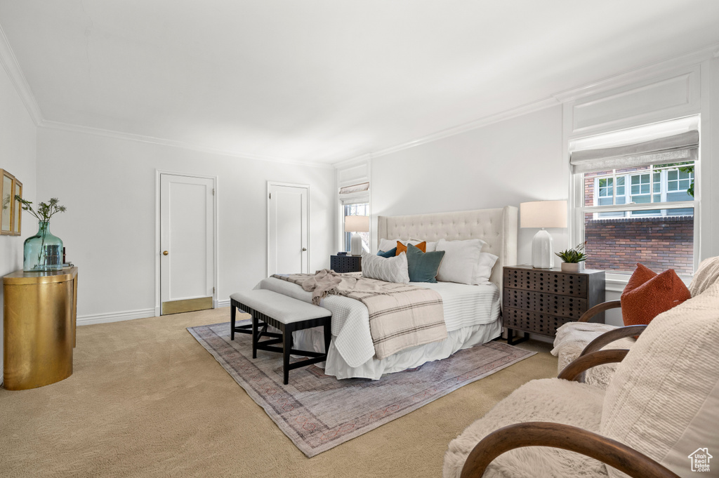 Carpeted bedroom featuring multiple windows and ornamental molding