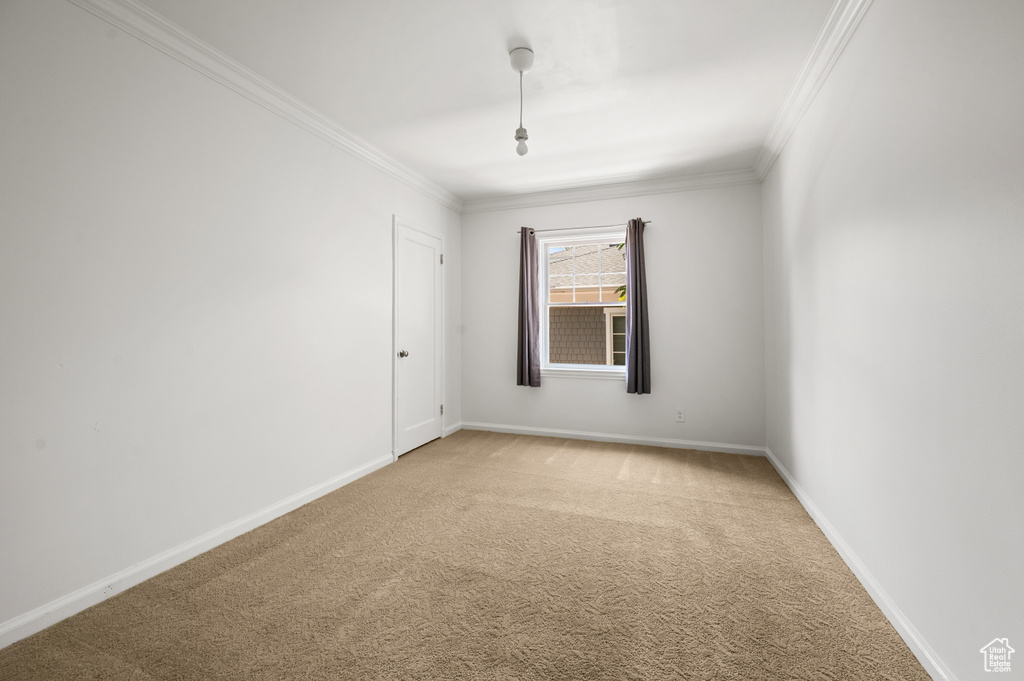 Empty room featuring ornamental molding and light carpet