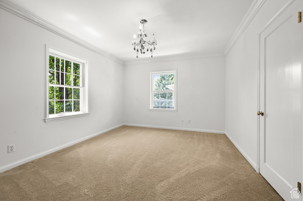 Unfurnished room with light carpet, plenty of natural light, a chandelier, and ornamental molding