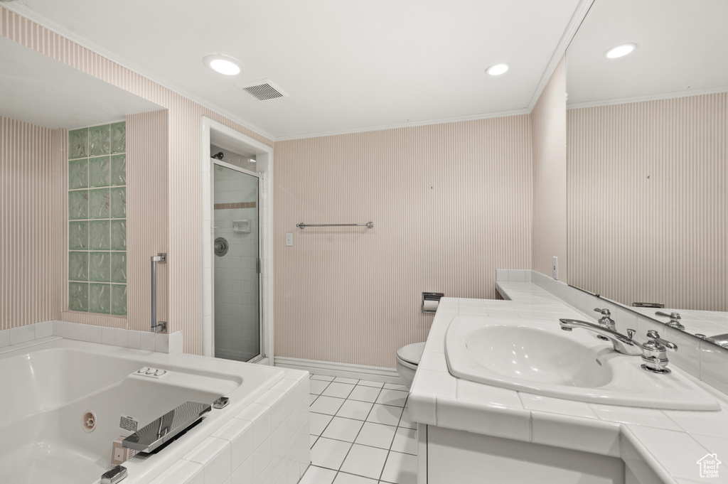 Full bathroom with a jetted tub, a shower stall, ornamental molding, tile patterned floors, and vanity