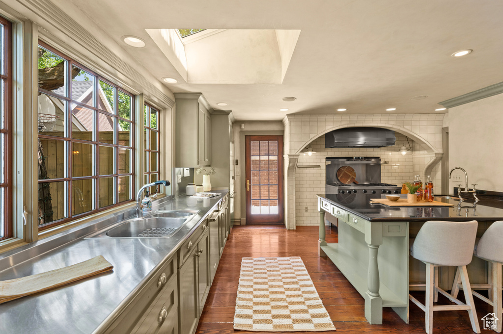 Kitchen with stainless steel counters, decorative backsplash, a skylight, recessed lighting, and dark wood finished floors