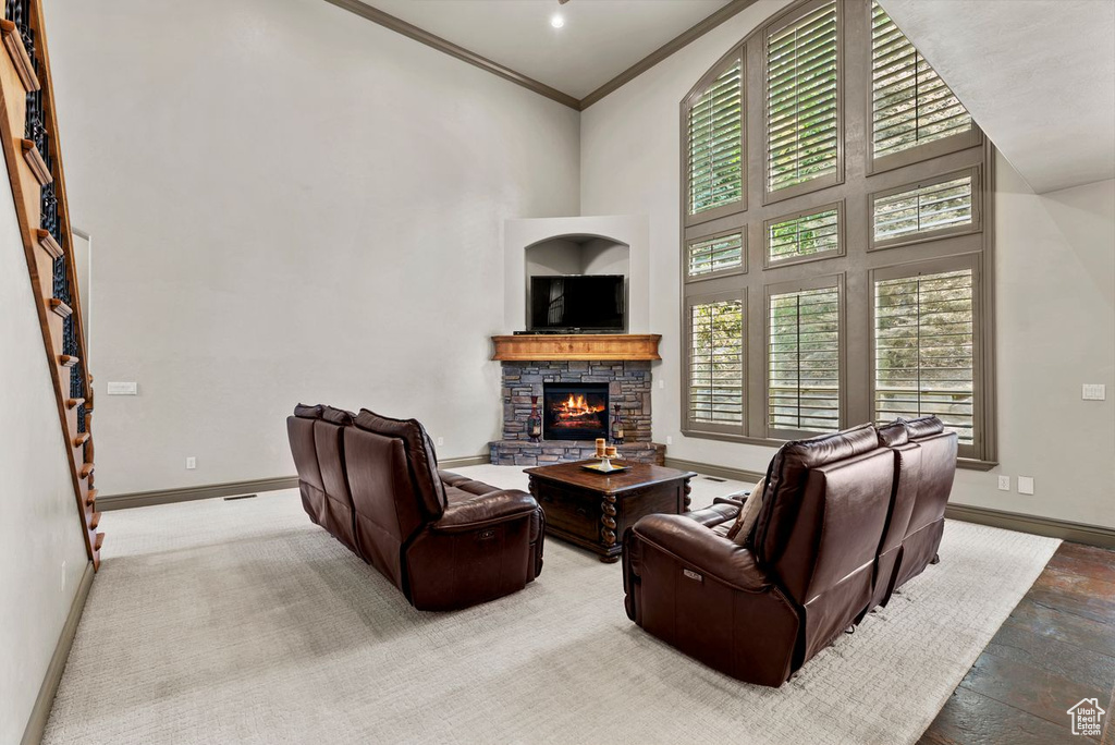 Living area with a stone fireplace, a high ceiling, and crown molding