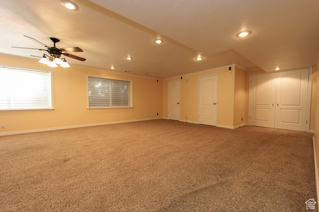 Bonus room with recessed lighting, carpet flooring, and ceiling fan