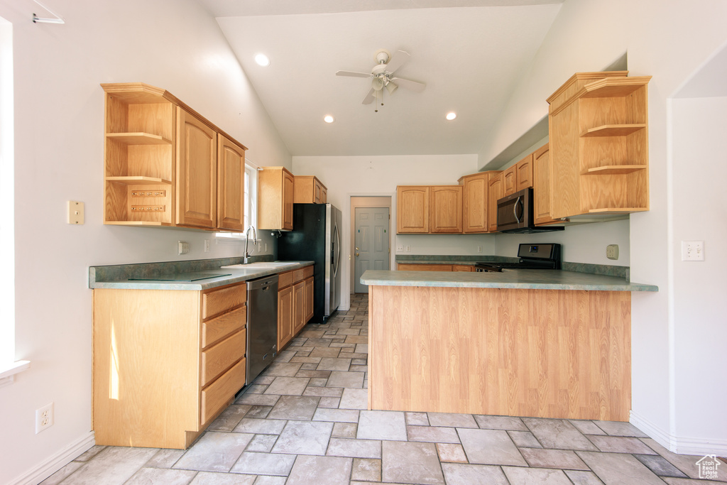 Kitchen featuring open shelves, a ceiling fan, stone tile floors, stainless steel appliances, and recessed lighting