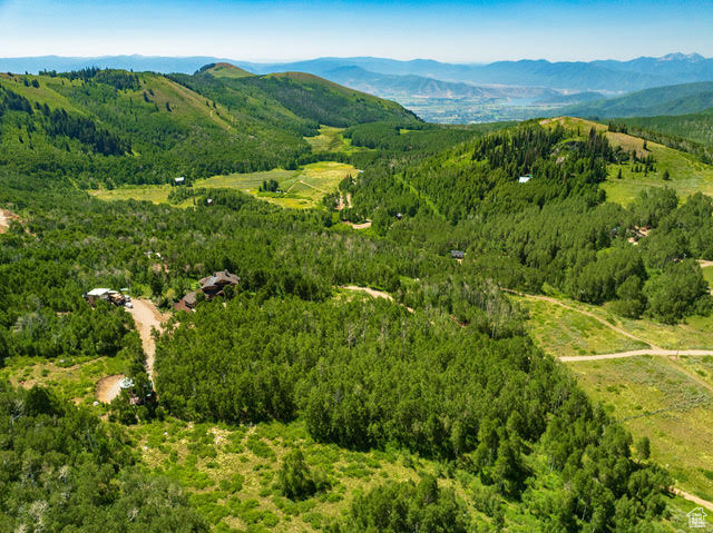 Aerial view of property and surrounding area with a forest and a mountain backdrop