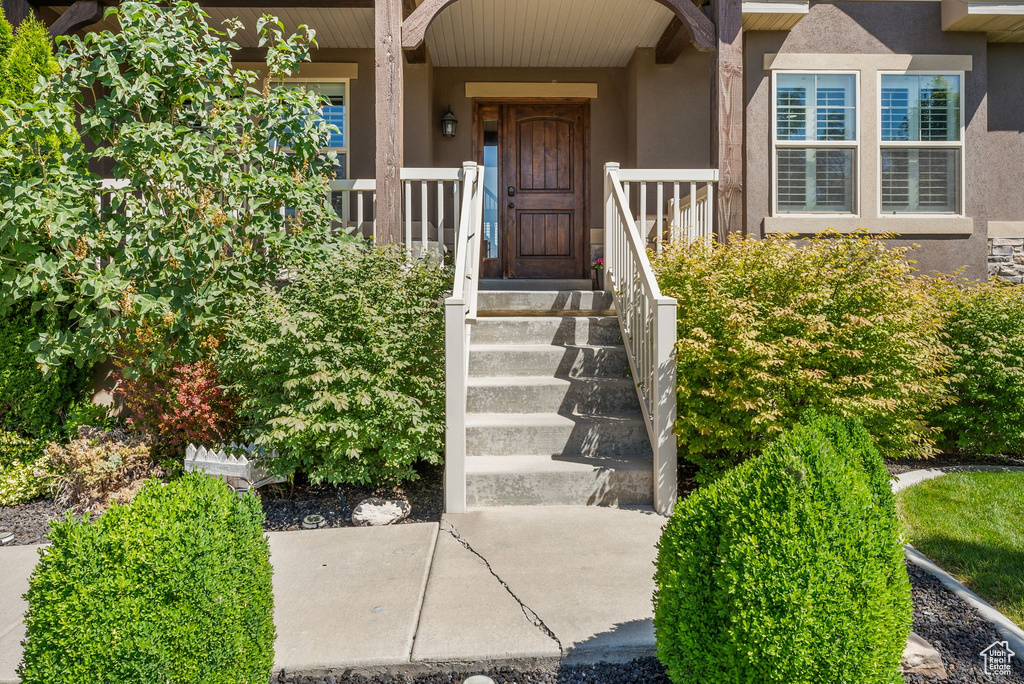 Entrance to property featuring stucco siding