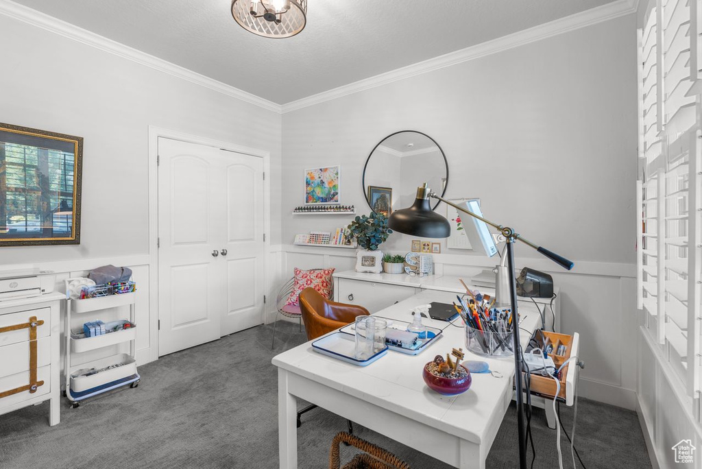 Carpeted home office featuring ornamental molding, wainscoting, and a decorative wall
