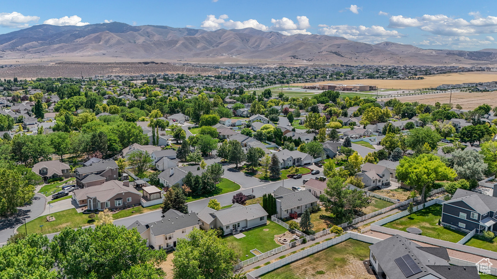 Aerial perspective of suburban area with mountains