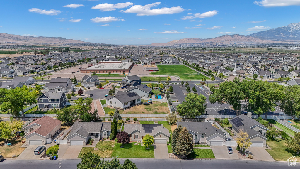 Aerial perspective of suburban area with mountains