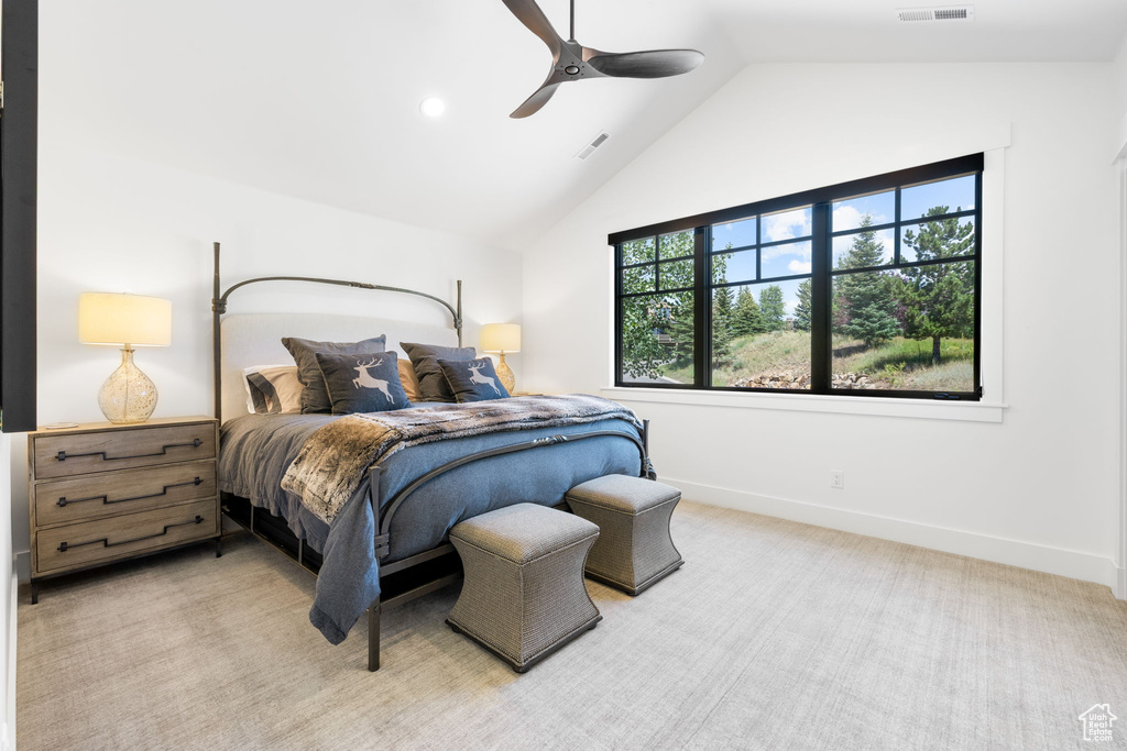 Bedroom featuring vaulted ceiling, a ceiling fan, carpet flooring, and recessed lighting
