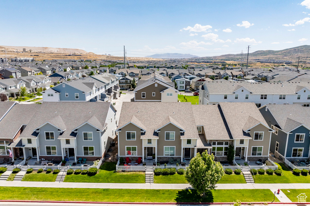 Aerial view of residential area with mountains