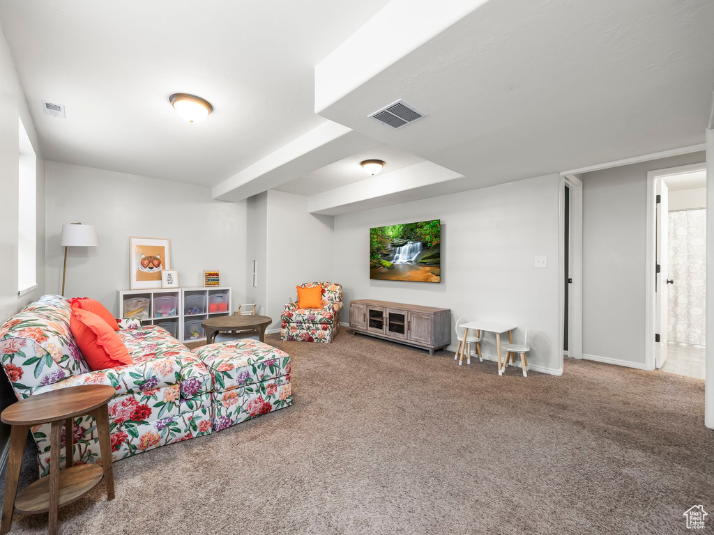 Living area with carpet floors