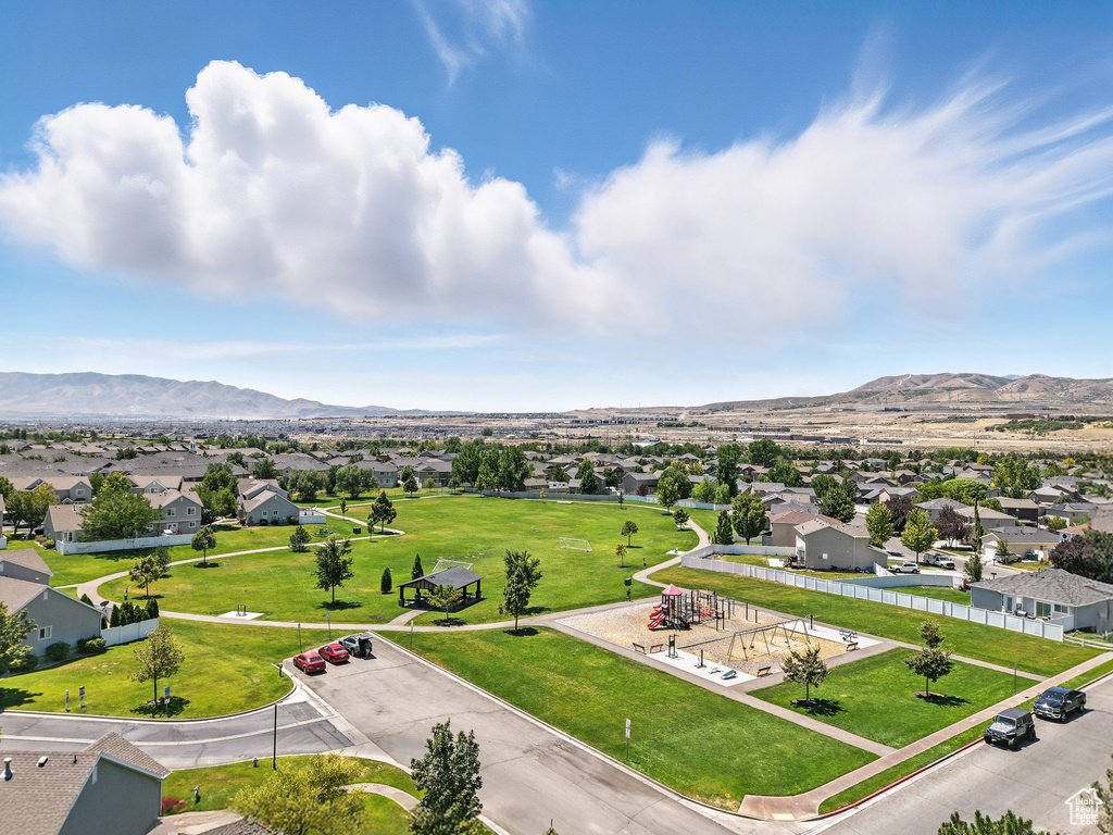 Aerial view of residential area with mountains