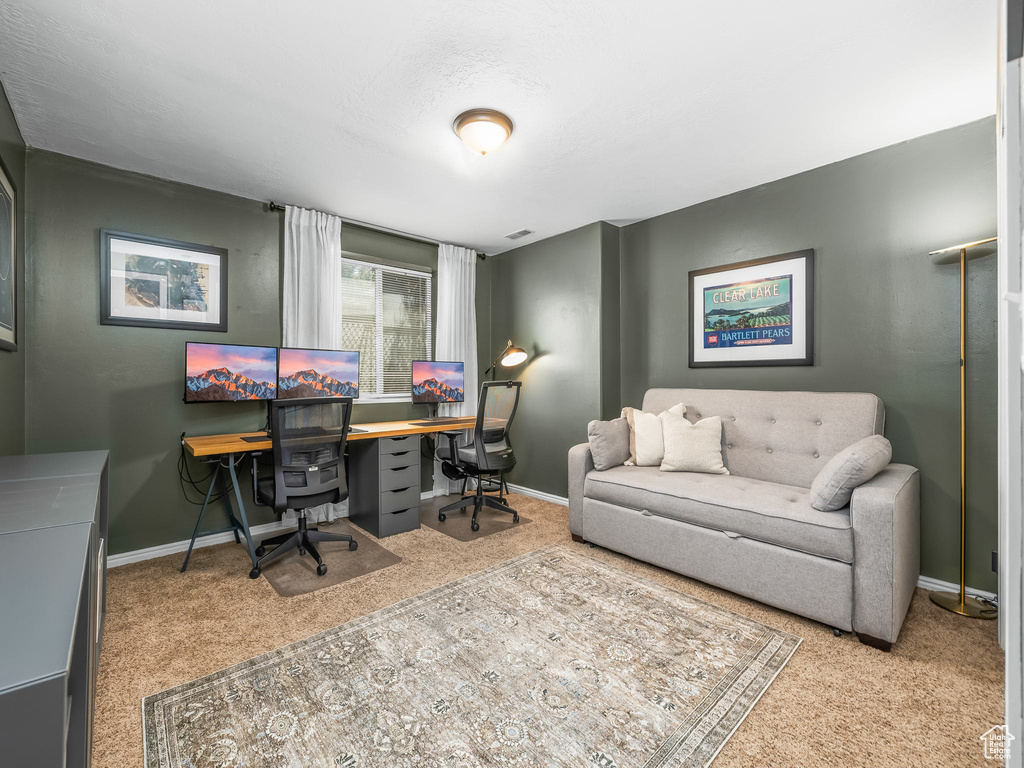 Office area with carpet flooring and baseboards