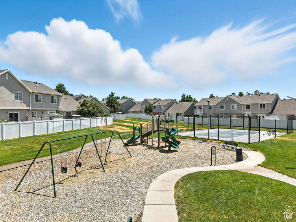 Community playground with a residential view