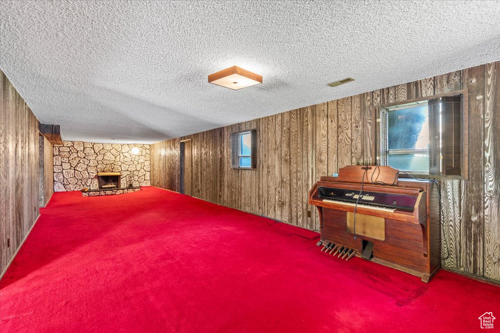 Below grade area featuring wooden walls, carpet flooring, a fireplace, a textured ceiling, and plenty of natural light
