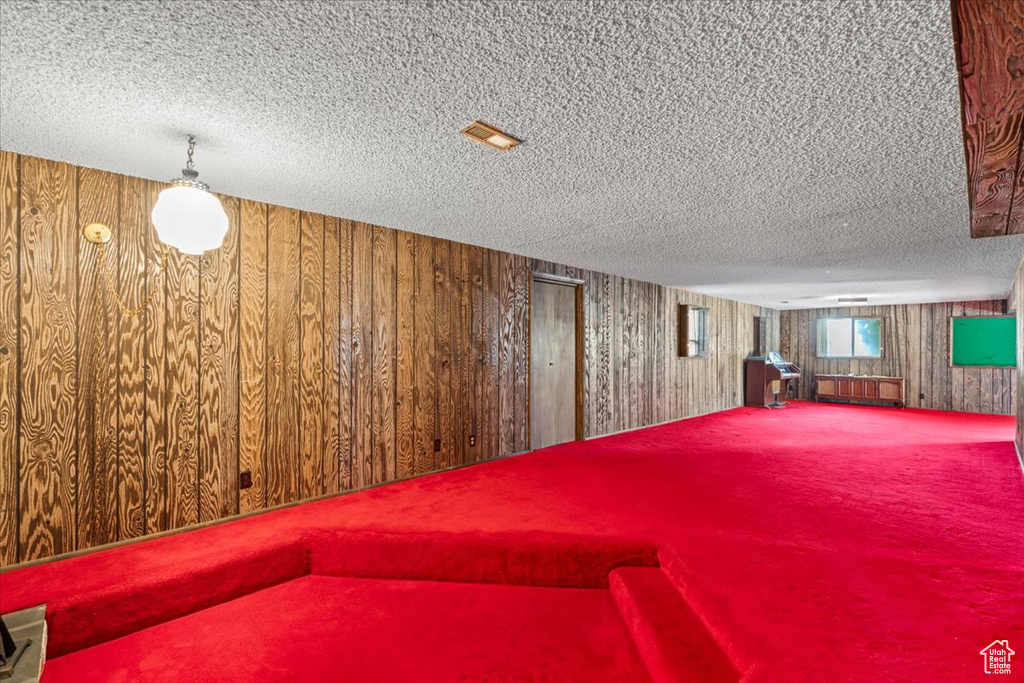 Miscellaneous room featuring a textured ceiling, wood walls, and carpet floors