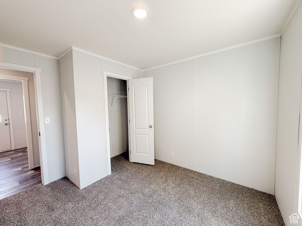 Unfurnished bedroom with carpet flooring, ornamental molding, and a closet