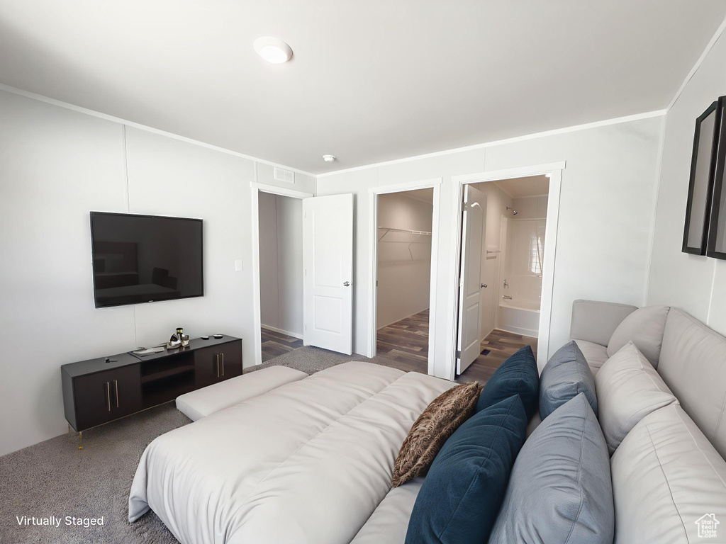 Bedroom featuring a walk in closet and connected bathroom
