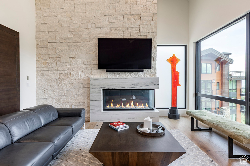 Living room featuring wood finished floors and a glass covered fireplace