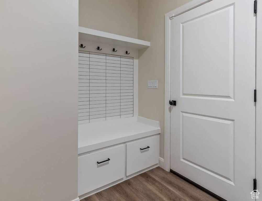 Mudroom featuring dark wood-type flooring
