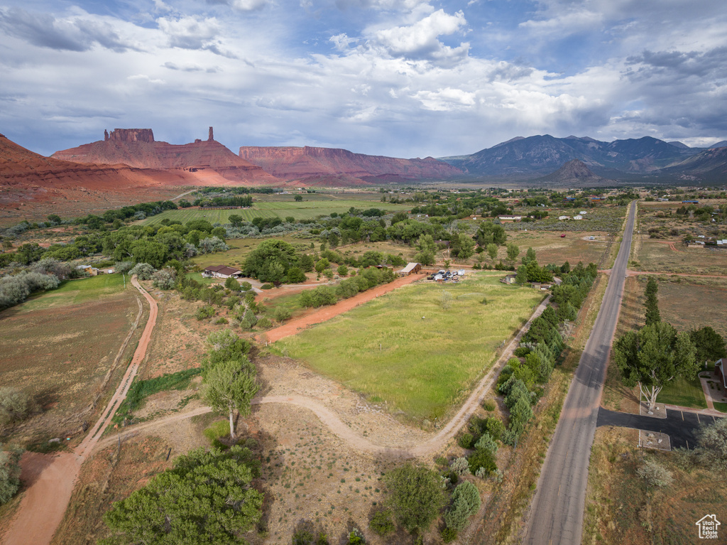 Overview of rural landscape featuring mountains