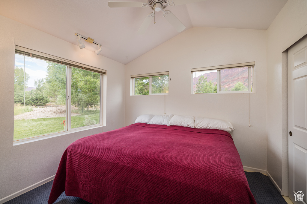Carpeted bedroom featuring vaulted ceiling and a ceiling fan