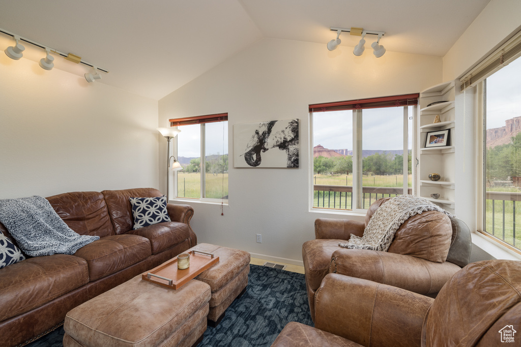 Living area featuring track lighting and vaulted ceiling