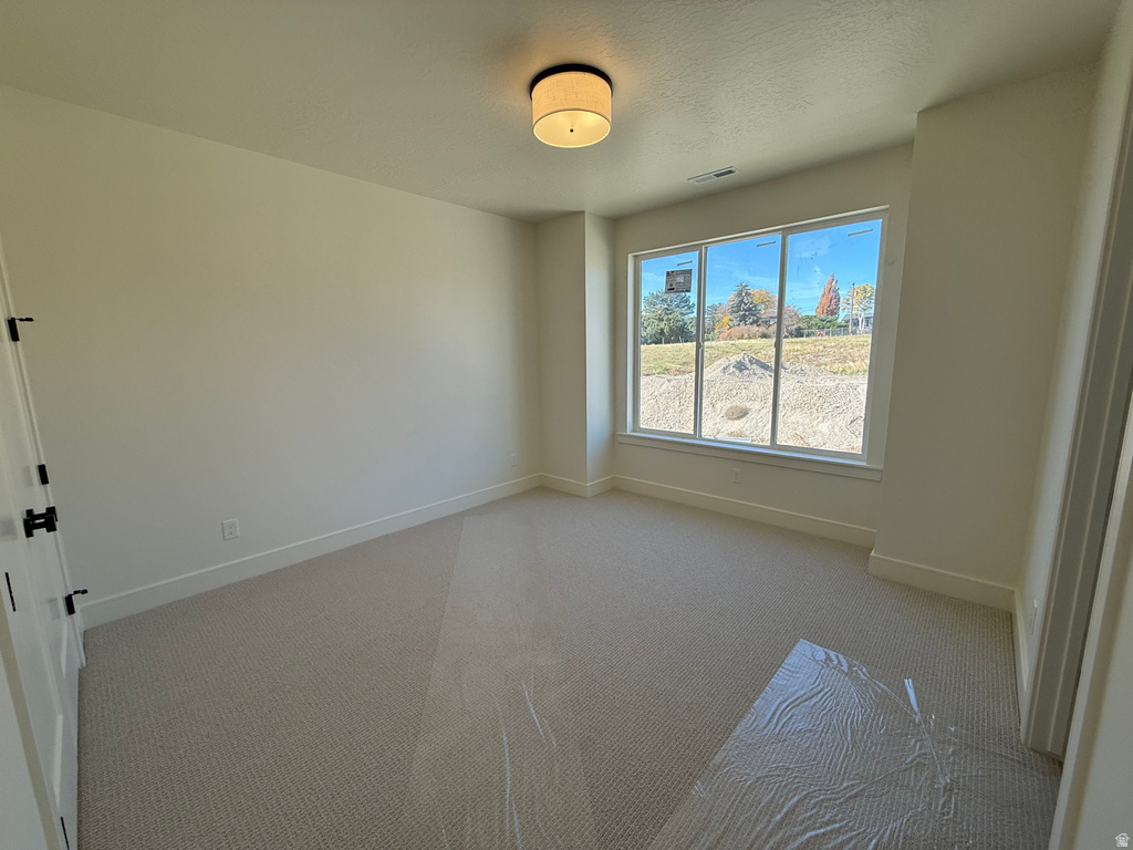 Carpeted spare room featuring baseboards and a textured ceiling