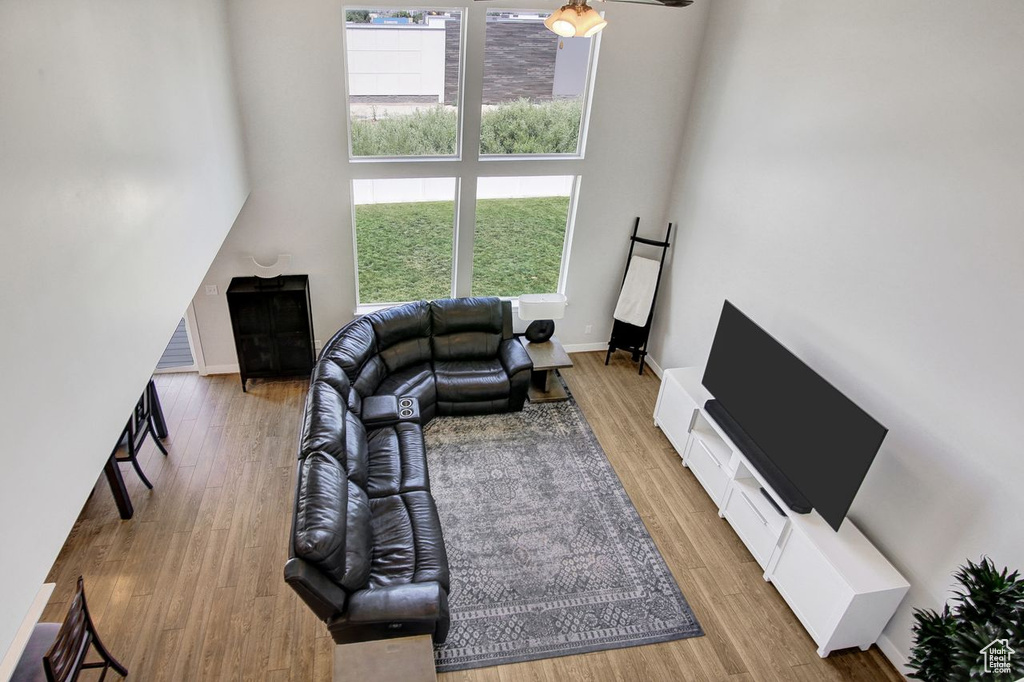 Living room with wood finished floors and a high ceiling