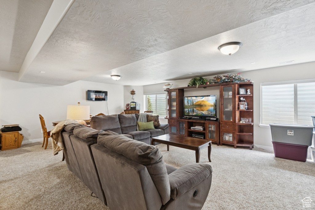Living room with light carpet and a textured ceiling